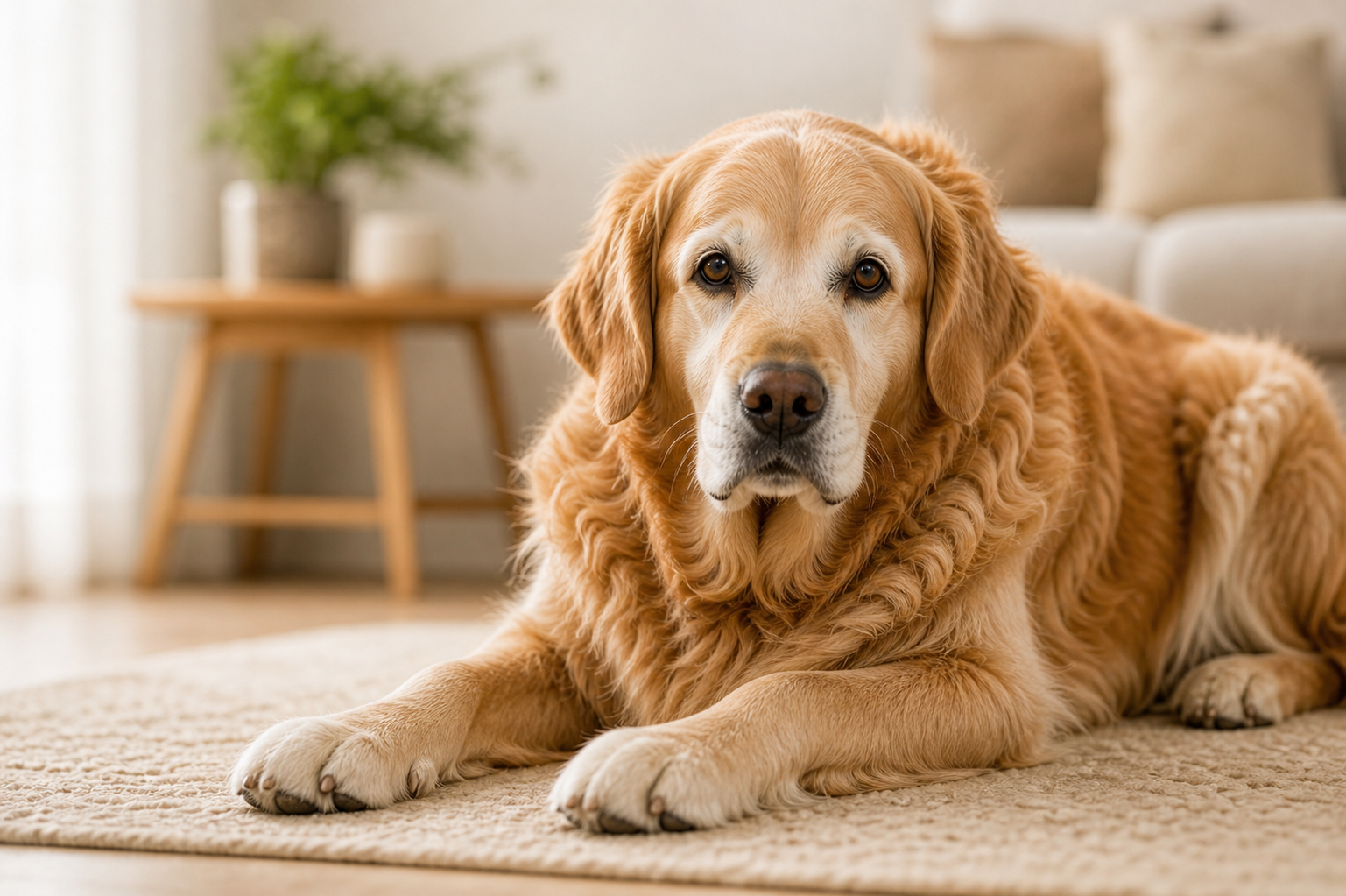 Senior golden retriever resting on a cream rug at home