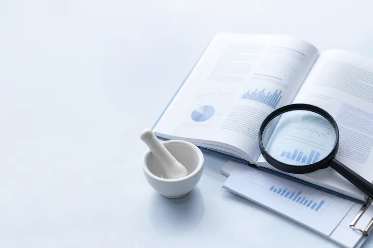 Open veterinary research papers with a magnifying glass