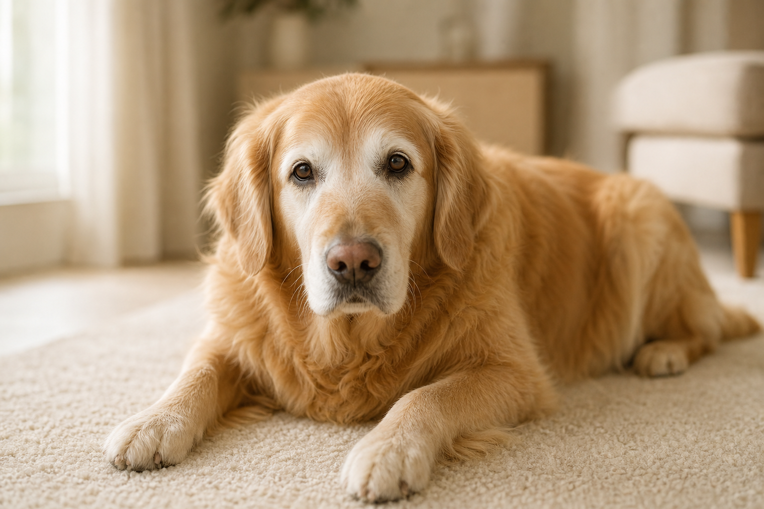 Senior golden retriever resting calmly on a cream carpet at home.