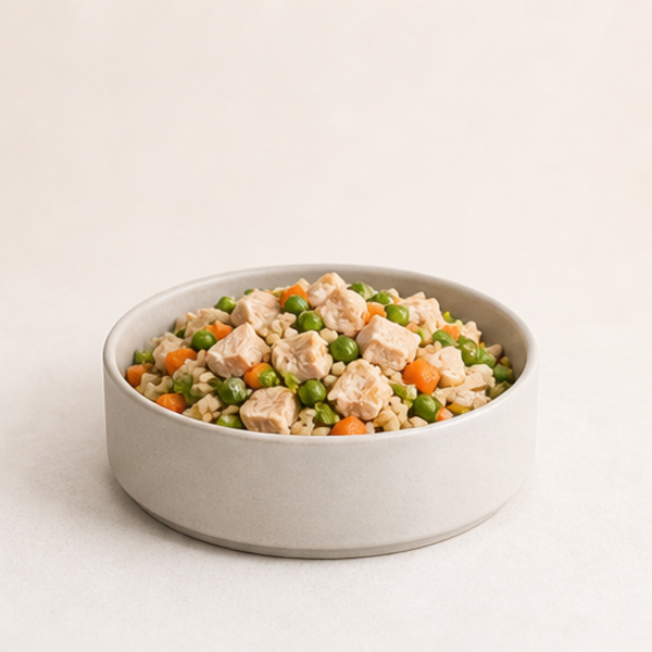 A bowl of fresh dog food with meat, rice, peas, and carrots