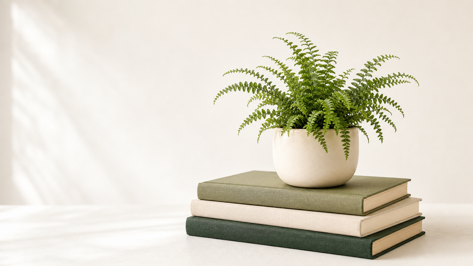 A green fern in a cream pot on a stack of reference books