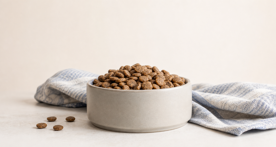 Ceramic bowl filled with dry dog food on a blue and white cloth