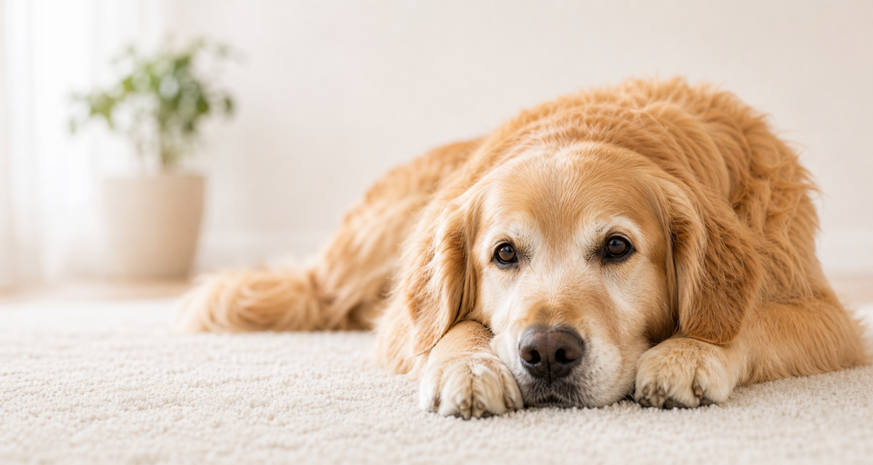 An older golden retriever resting with its chin on its paws