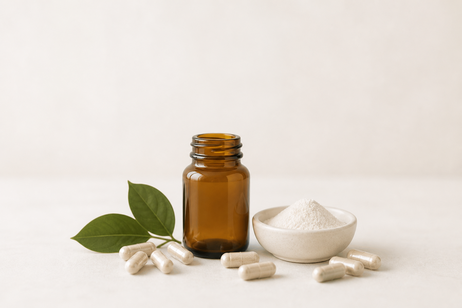 Amber supplement bottle, powder, capsules, and green leaves