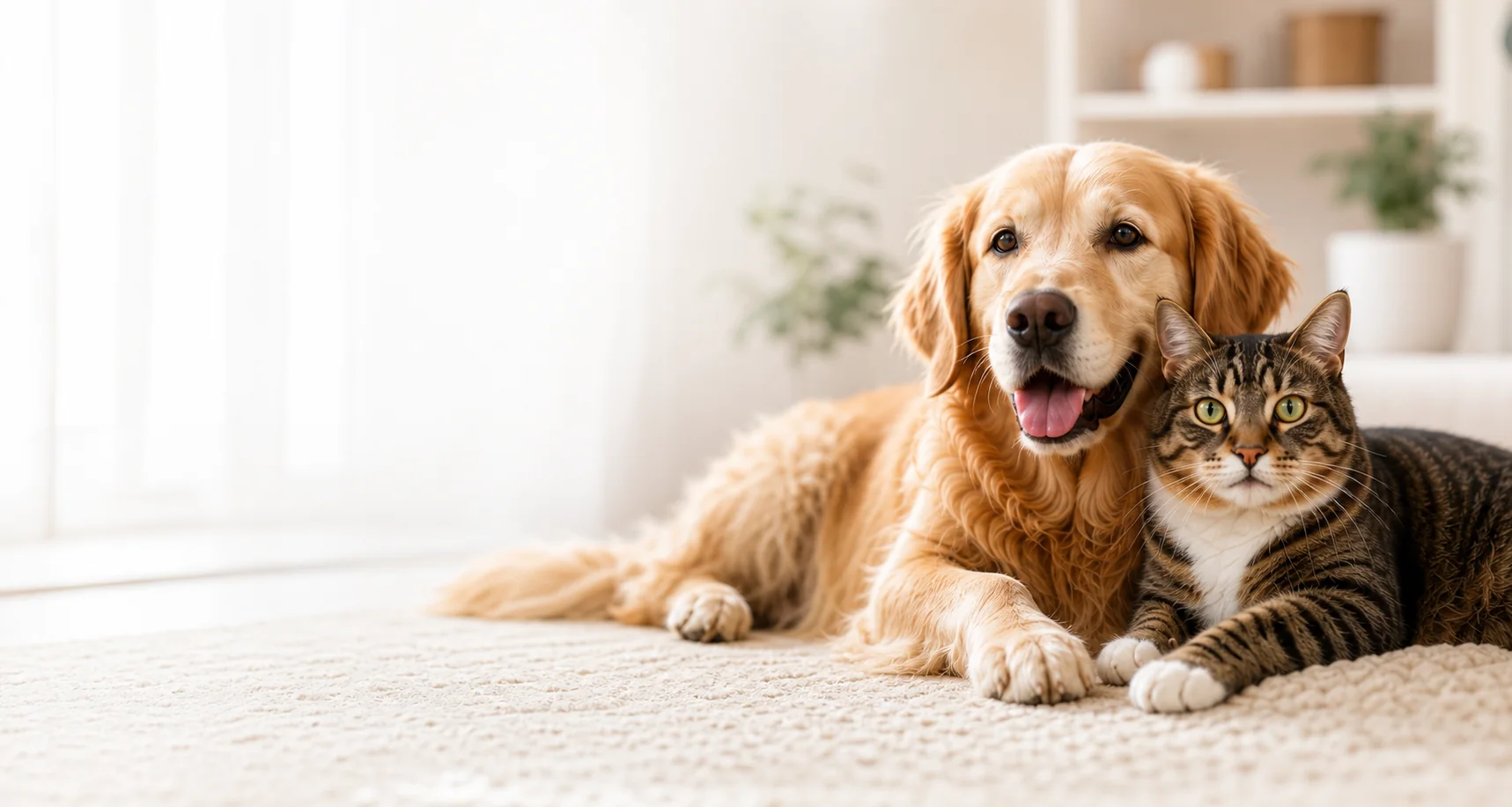 A golden retriever and tabby cat resting together in a bright home