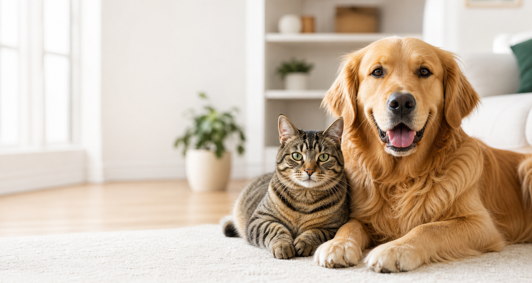 A tabby cat and golden retriever resting together