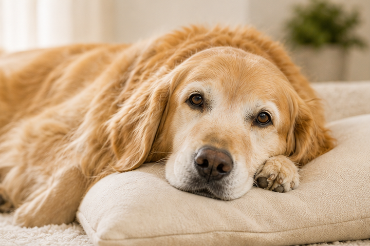 A senior golden retriever resting comfortably at home