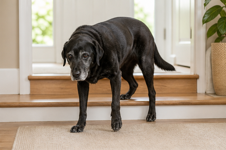 An older black dog looking attentively toward the camera