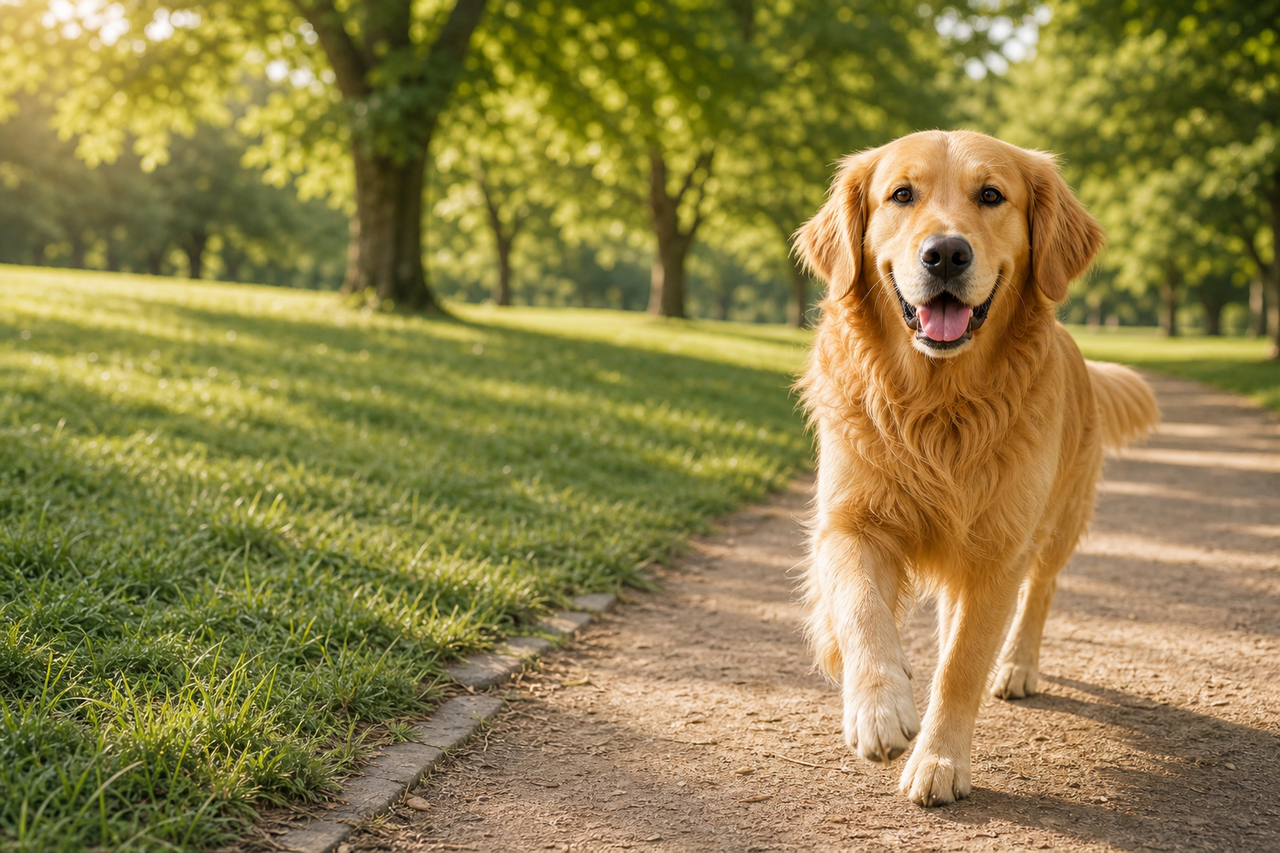 A golden retriever walking actively in a park