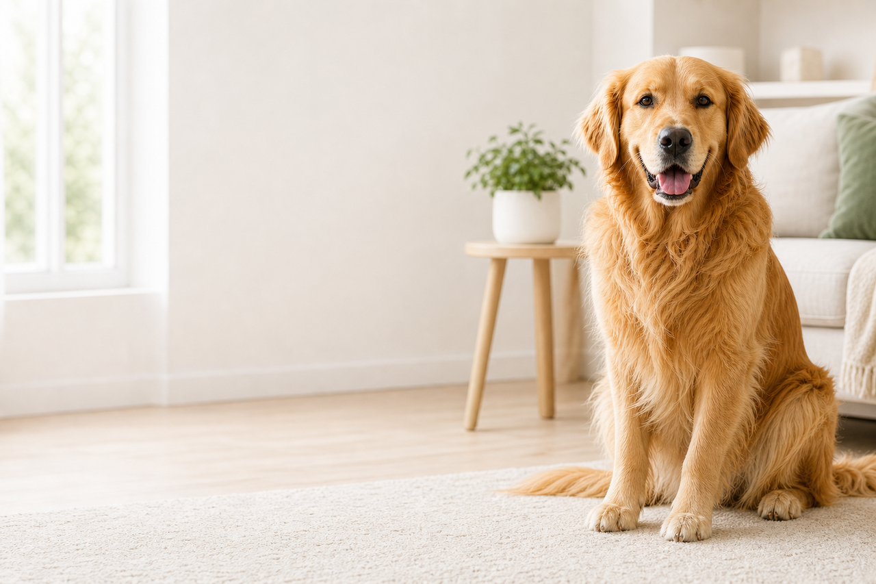 A golden retriever resting in a bright living room