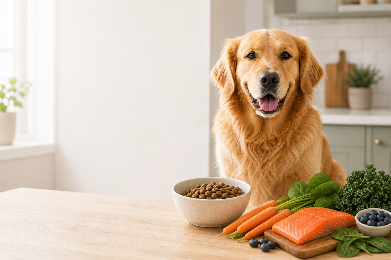 A golden retriever at a table with a bowl of kibble, salmon, and vegetables