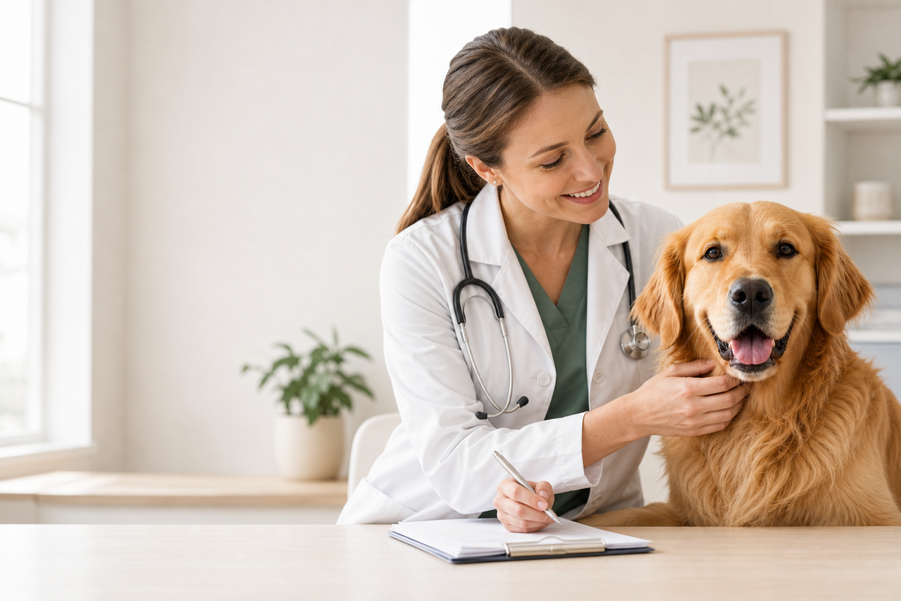 A veterinarian examining a golden retriever